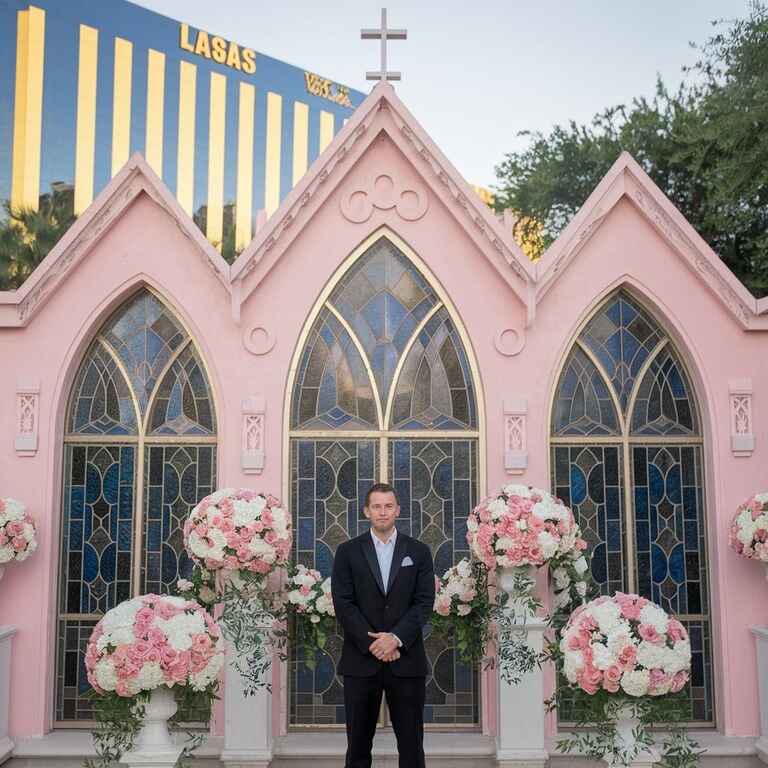 Wedding officiant performing a ceremony in Las Vegas with the Strip in the background