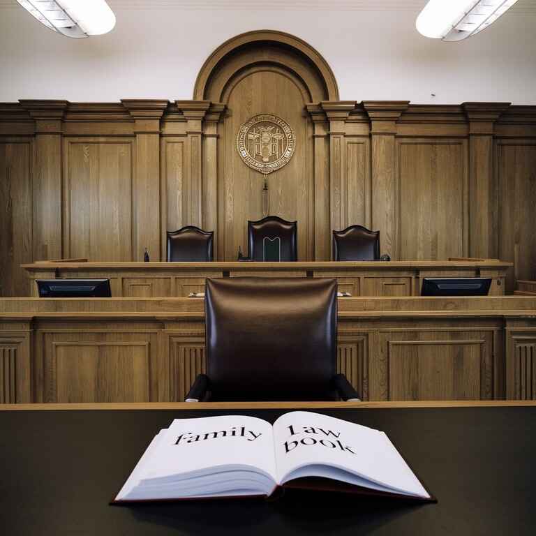 A courtroom with a judge’s bench and a family law book, illustrating the legal process for parental relocation