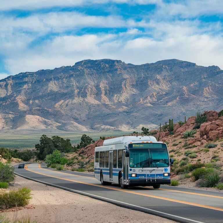 A city bus or rideshare vehicle traveling along a scenic Nevada road, offering an alternative to hitchhiking