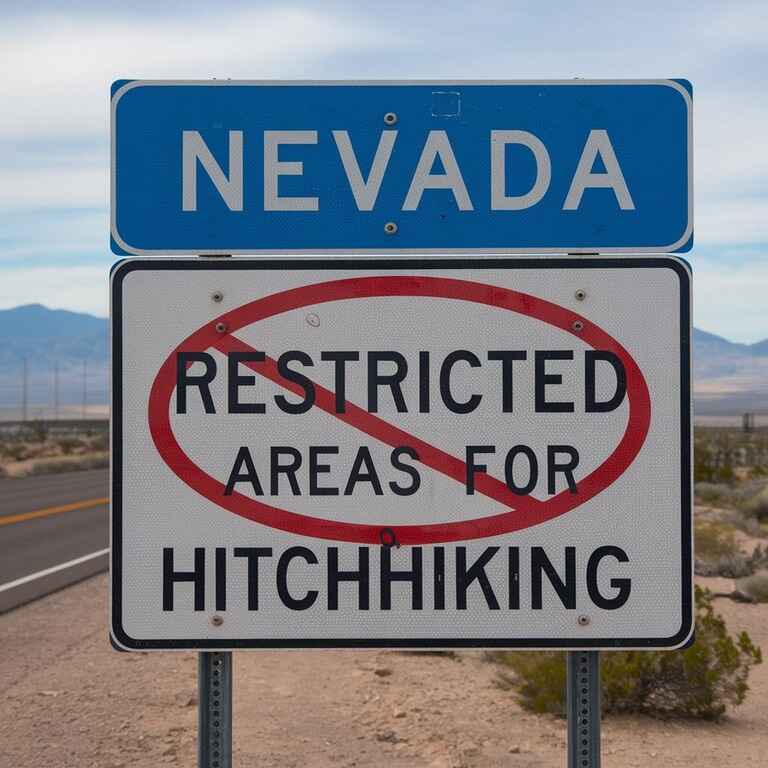 A road sign at the entrance to a Nevada city, highlighting areas where hitchhiking is restricted