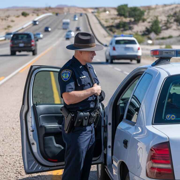 A Nevada police officer speaking to a driver on the side of a highway, indicating enforcement of traffic regulations