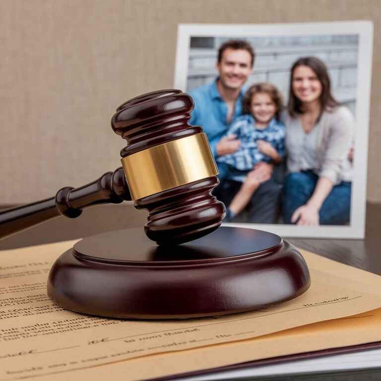 A gavel placed on a legal document with a family photo behind it, symbolizing parental relocation and family law