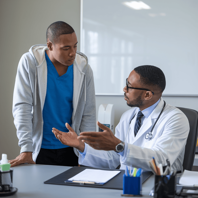 A patient discussing their brain injury claim with a doctor in a medical office.