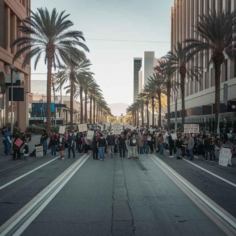 Wide view of a peaceful protest in Nevada with participants holding signs