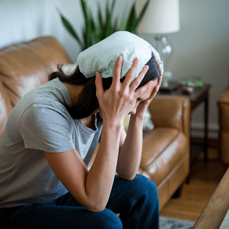 A person resting at home with a cold compress on their head after suffering a brain injury in a car accident.