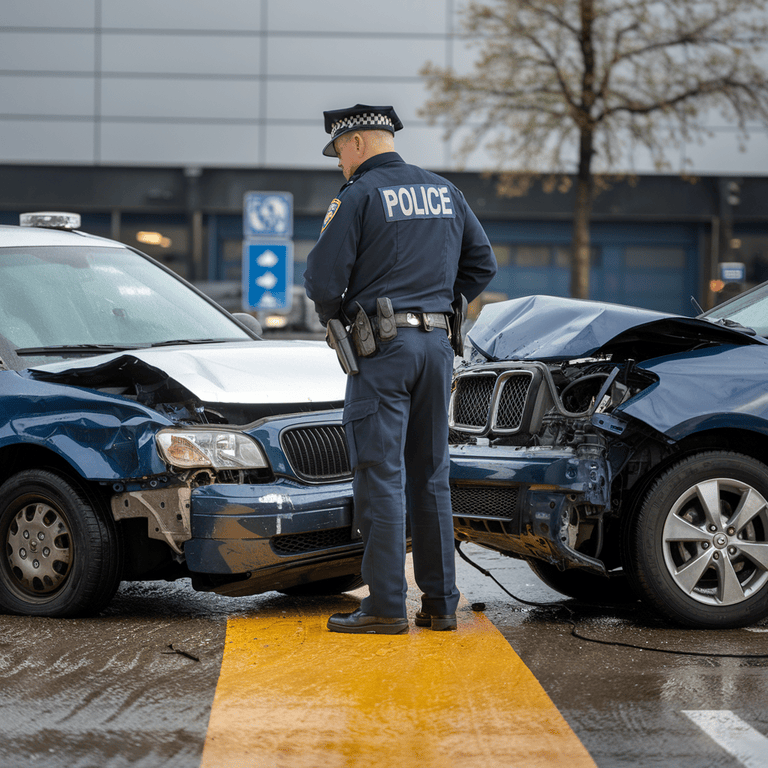 Police officer investigating a hit-and-run accident with damaged vehicles at the scene.