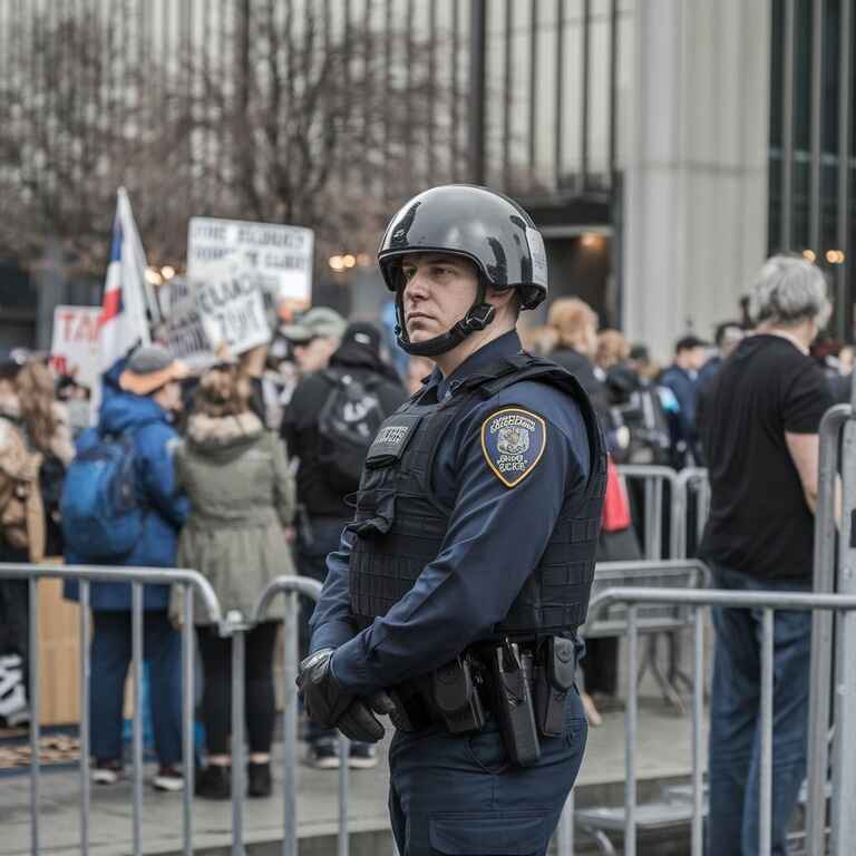 A photo of a law enforcement officer standing by a protest area with a group of people in the background, conveying a calm but serious atmosphere