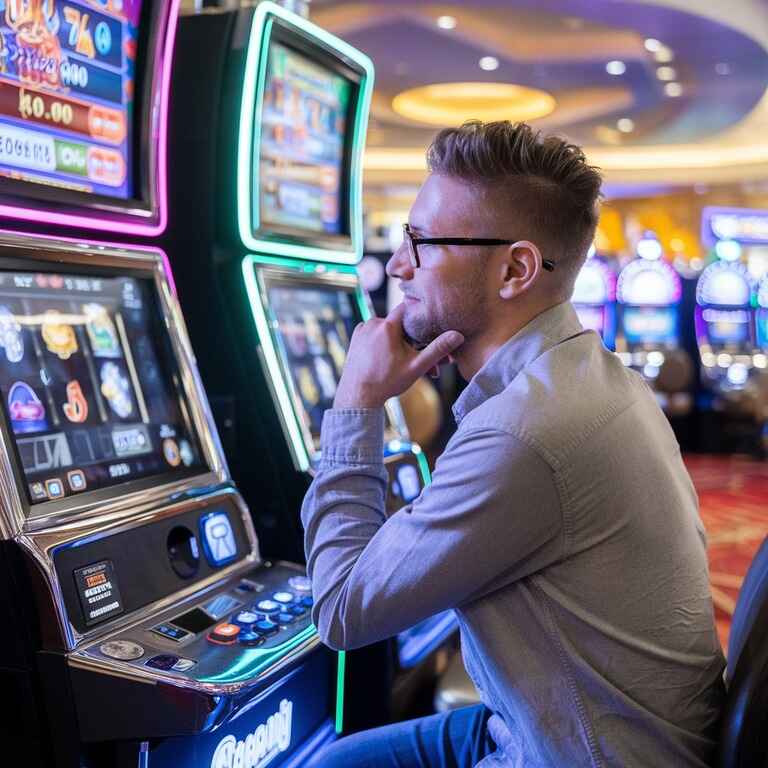 A player thoughtfully enjoying a slot machine game, embodying the experience of playing responsibly with strategic consideration