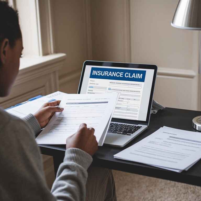 A person examining an insurance claim form with a laptop and paperwork on a desk