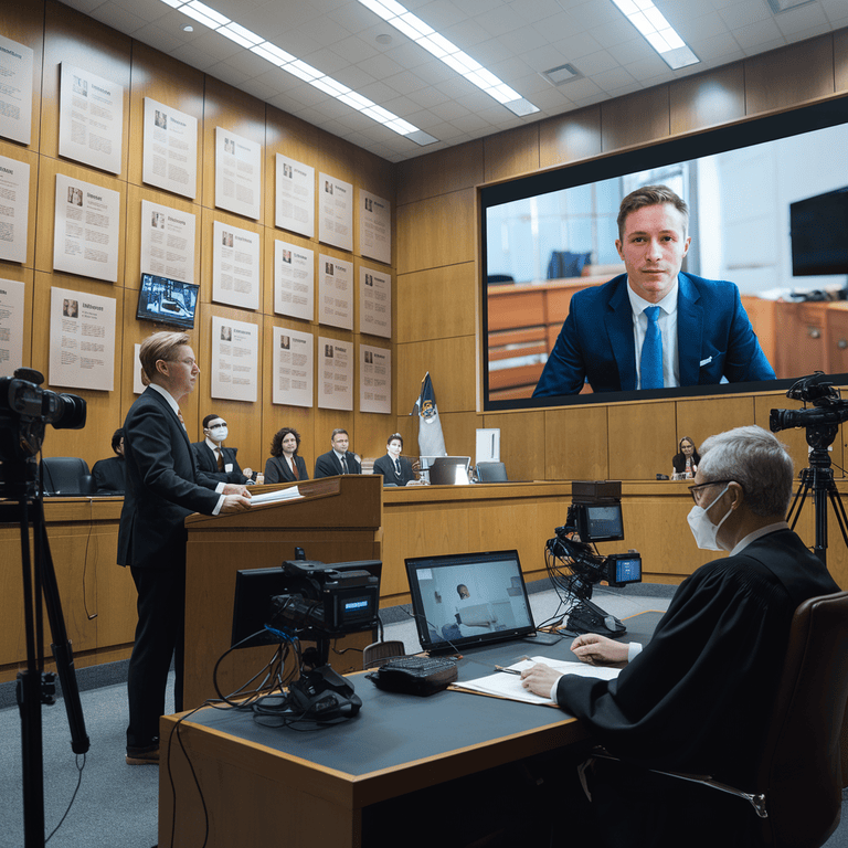 A virtual defense attorney negotiating a plea deal with a prosecutor over a video call in a courtroom setting.