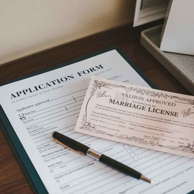 Wedding officiant application form with a pen and valid marriage license on a desk