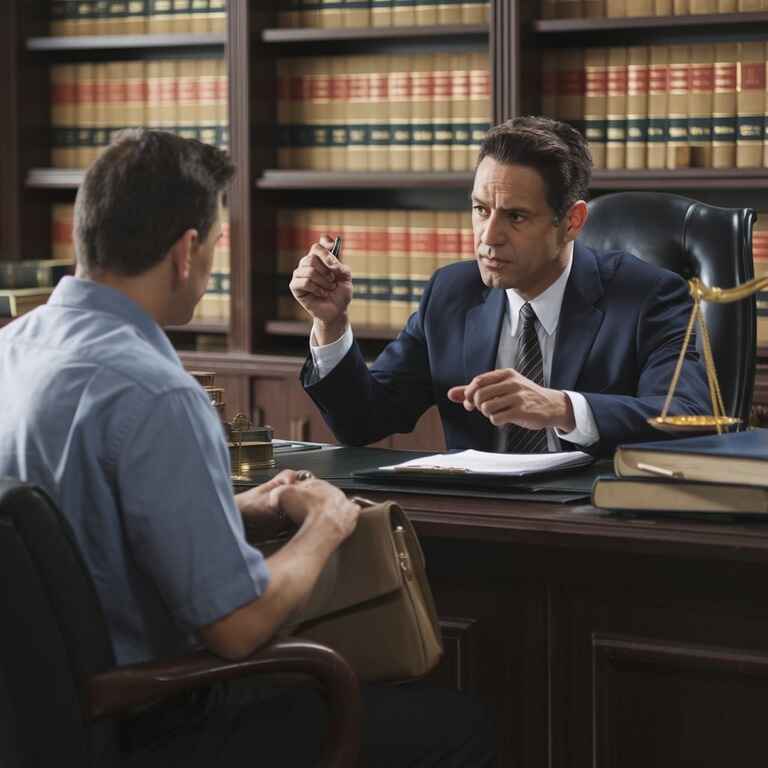 An attorney consulting with a client in an office, surrounded by legal books and documents