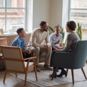 Stepparent and stepchildren in a family counseling session discussing divorce.