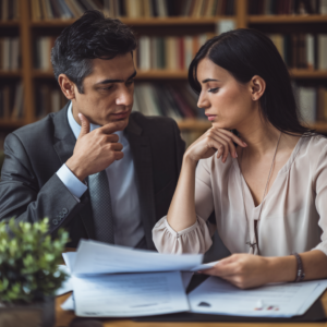 Couple discussing financial support and alimony options in a professional setting.

