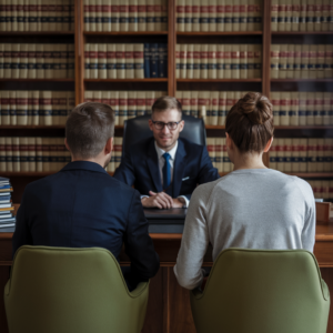 Couple meeting with a legal professional to discuss protecting their interests in a cohabitation agreement.