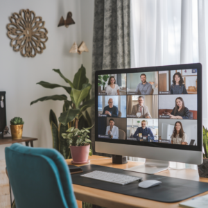 Modern home office with a virtual mediation session on a computer screen, showcasing a collaborative and professional environment.